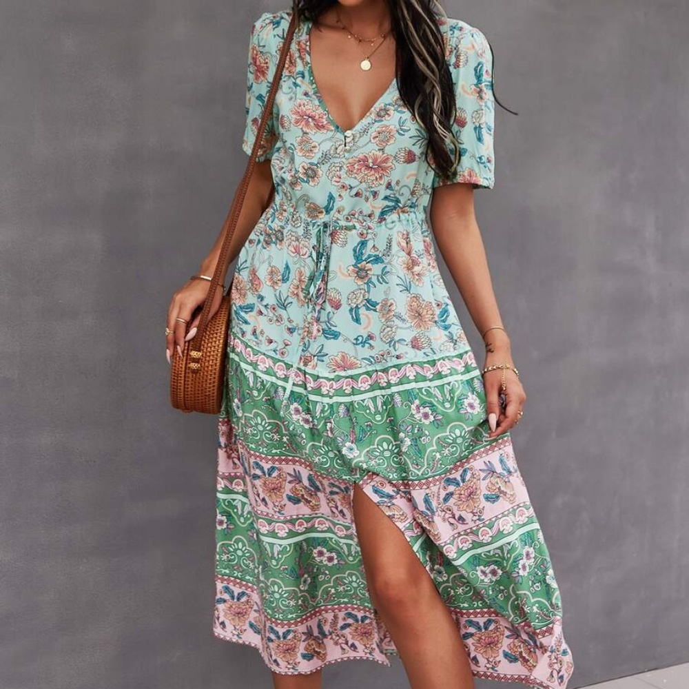 Boho Green Mint Floral Slit Button up Midi Dress - Picture 6 of 6
